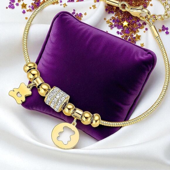 🆕️18K Gold Plated Bear Charm Bracelet with Sparkling Rhinestones & Beads 💫🐻 - Picture 10 of 12